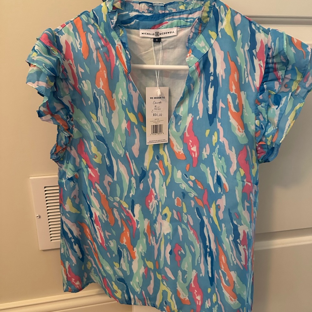 Blue Pink Flutter Sleeve Blouse with Notched Collar